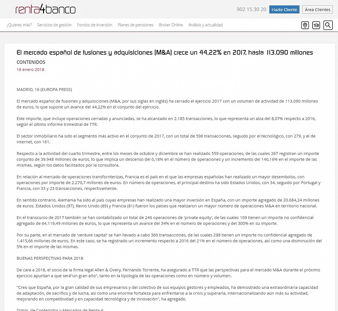 El mercado espaol de fusiones y adquisiciones (M&A) crece un 44,22% en 2017, hasta 113.090 millon